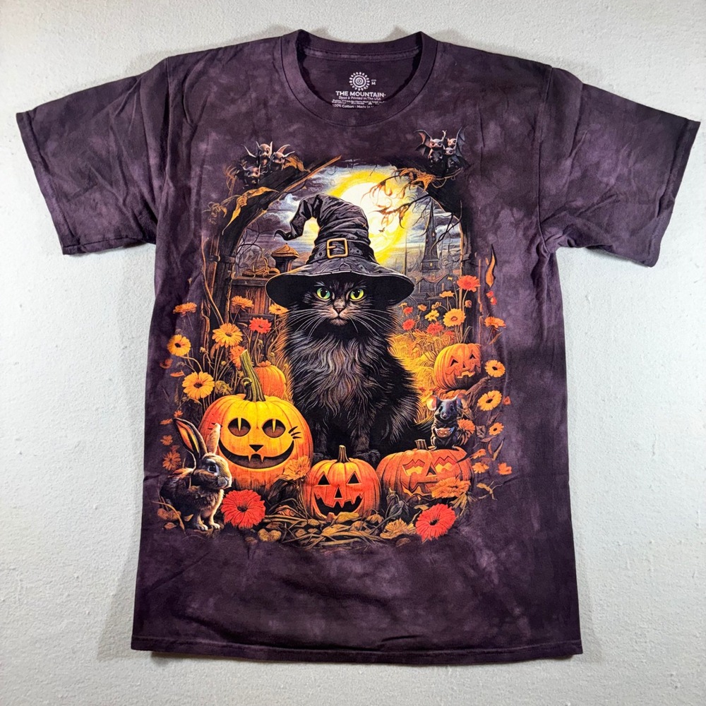 The Mountain Halloween Witch Cat T-Shirt Purple Tie Dye Graphic Tee Mens M